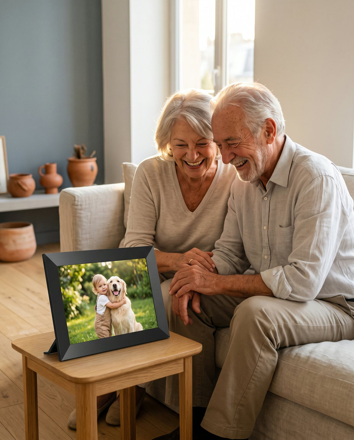 Des grands-parents rient devant le cadre photo Petit Lien