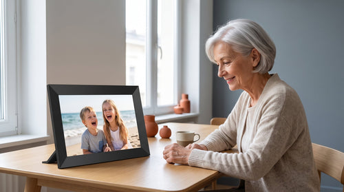 Une grand-mère sourit devant le cadre photo Petit Lien posé sur sa table