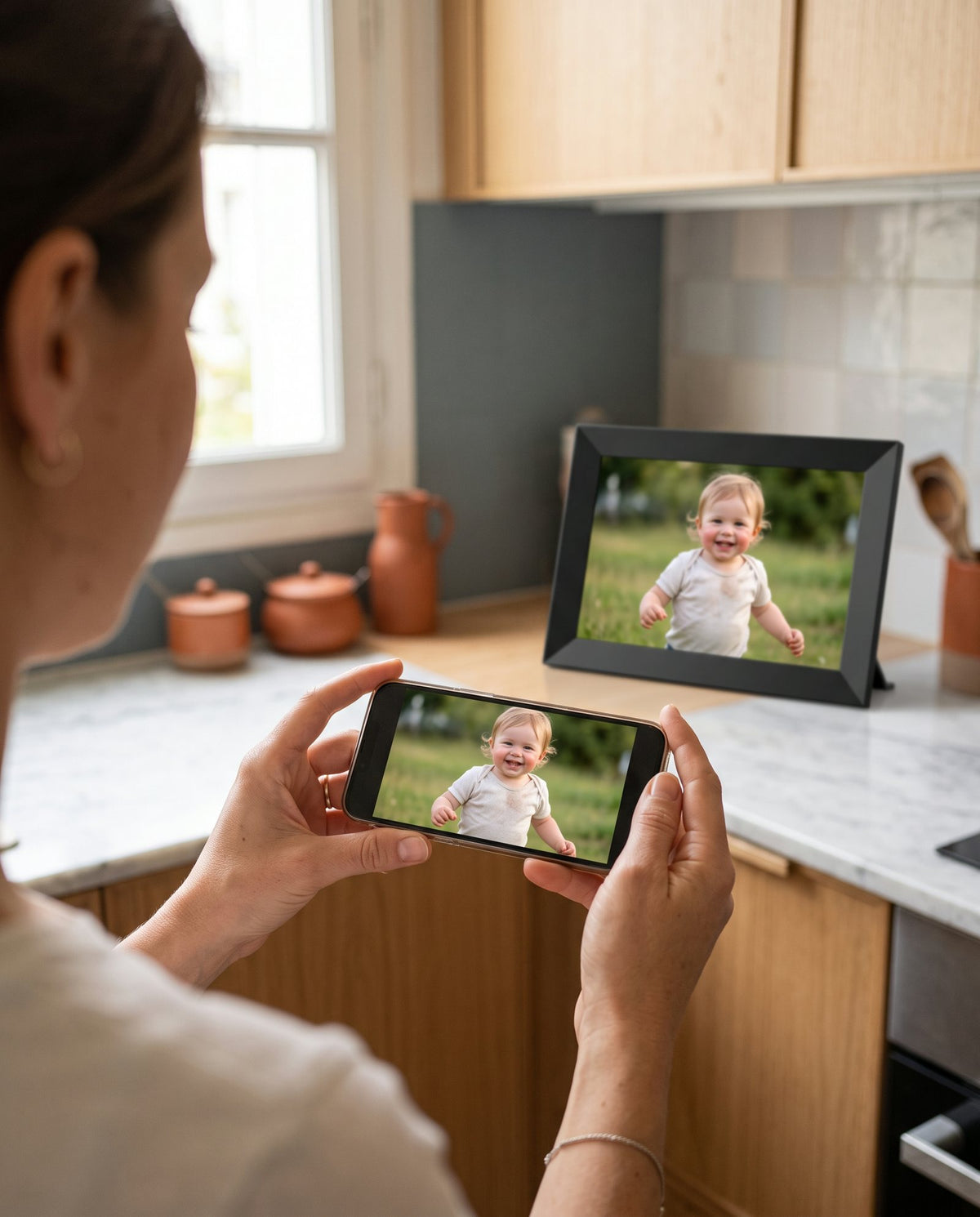 Une photo envoyée depuis un téléphone apparaît sur le cadre Petit Lien
