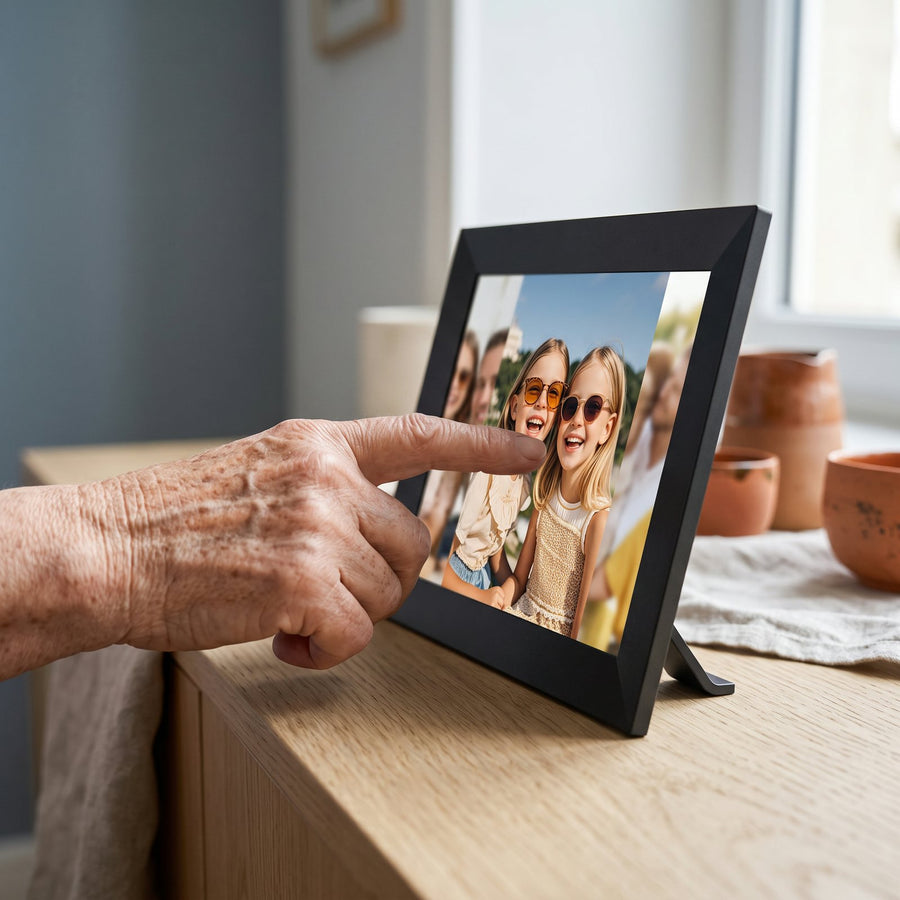 Une main fait défiler les photos sur l'écran tactile du cadre